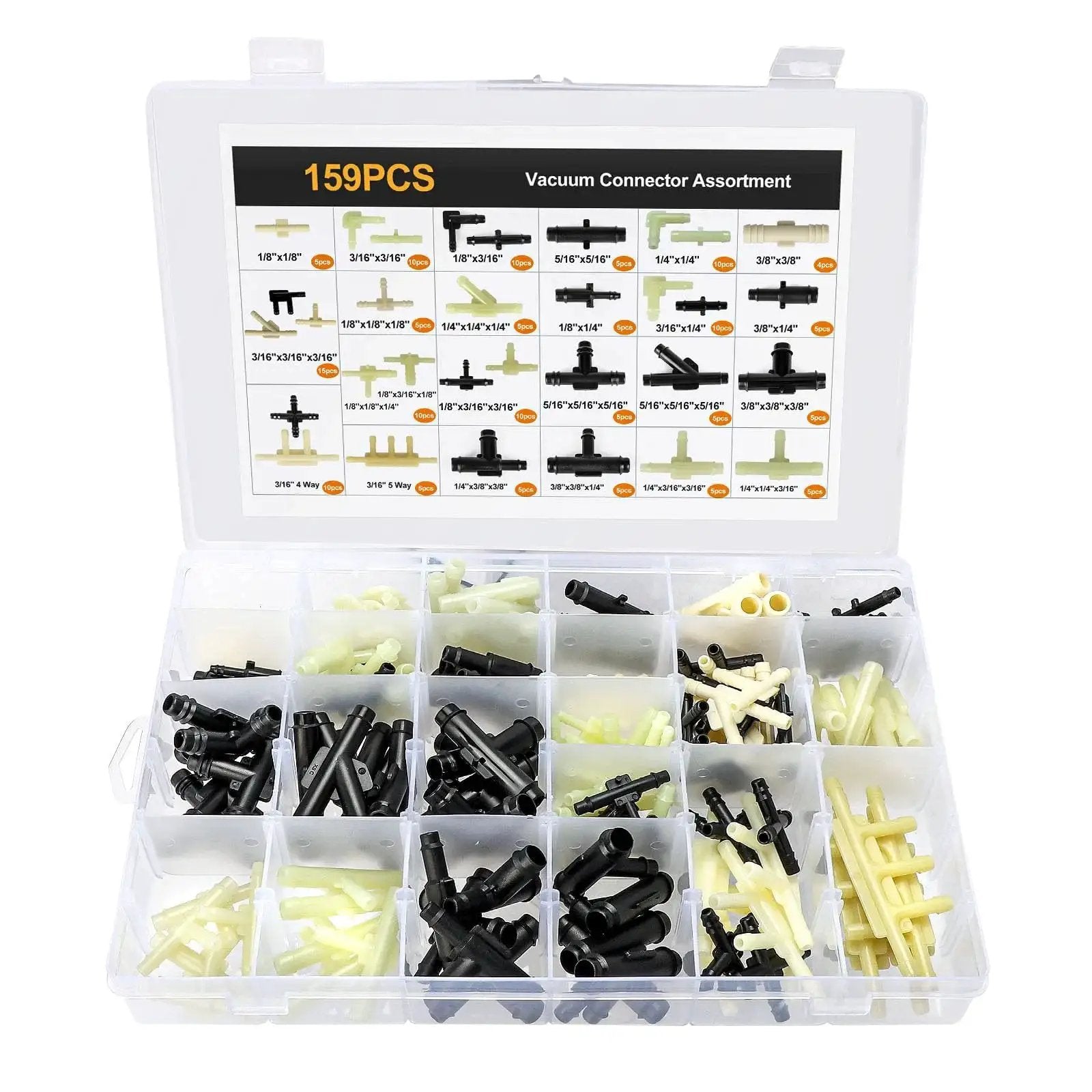 Automotive Vacuum Tubing Connector Kit With Nylon Fittings 159 Piece Assortment Includes Straight Tee Reducer Four Way And Five Way Connectors In One Eighth Inch Three Sixteenths Inch One Quarter Inch Five Sixteenths Inch And Three Eighths Inch Sizes For displayed in open box with organized compartments