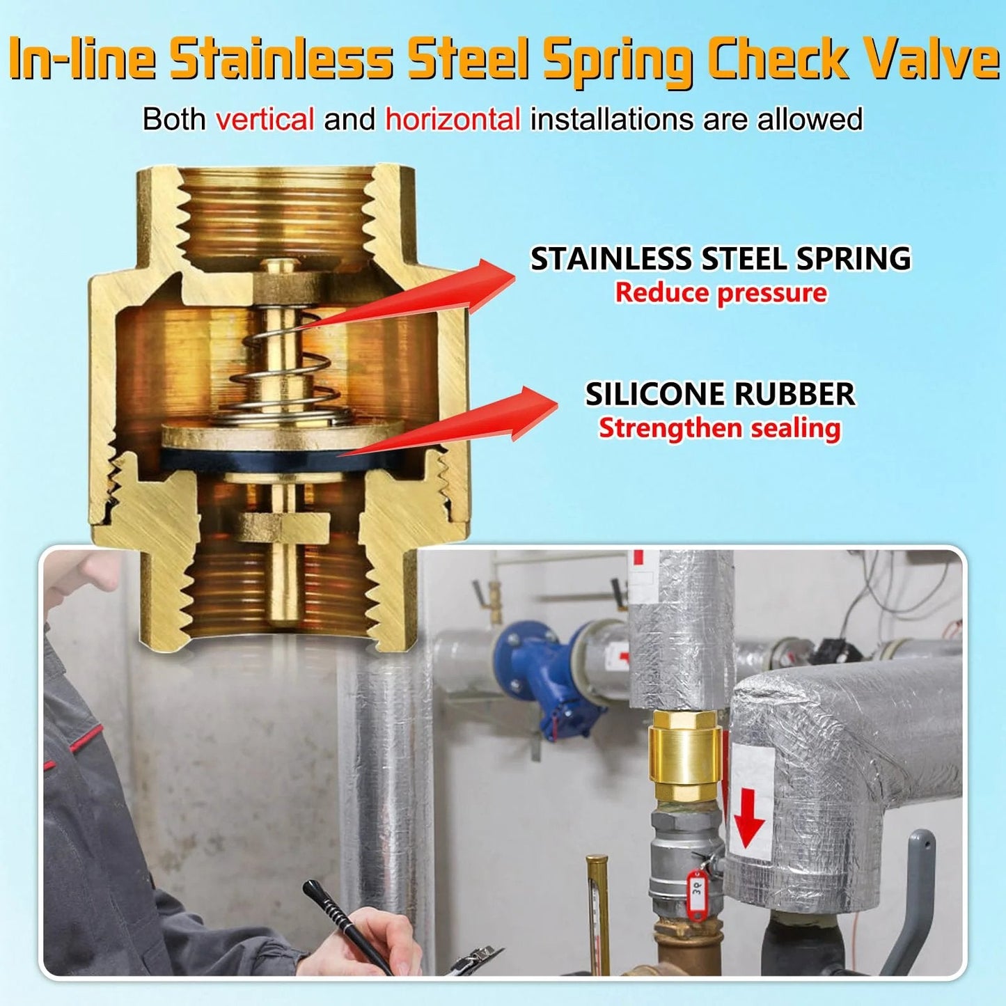 Solid Brass Spring Check Valve One And One Half Inch NPT Female Thread Non Return One Way Inline Water Valve installed