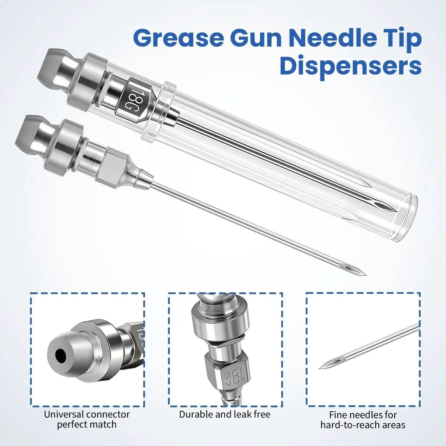 7 Piece Grease Gun Needle Tips Accessories Kit Set With Straight And Curved Nozzles Rubber Joint Detachable Injector Coupler Elbow Fittings 2 Heavy Duty Dispensers Great For Narrow Tight Small Confined Spaces displaying needle tip dispensers.