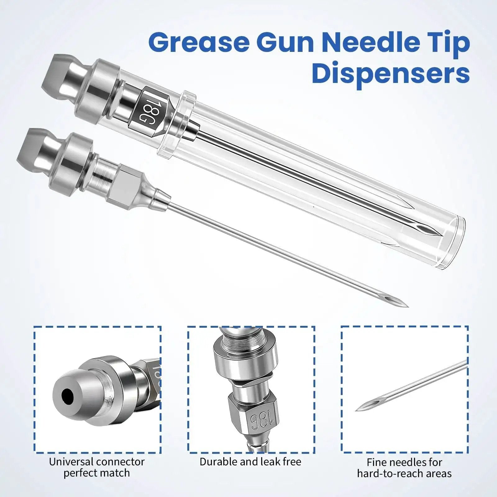 7 Piece Grease Gun Needle Tips Accessories Kit Set With Straight And Curved Nozzles Rubber Joint Detachable Injector Coupler Elbow Fittings 2 Heavy Duty Dispensers Great For Narrow Tight Small Confined Spaces displaying needle tip dispensers.