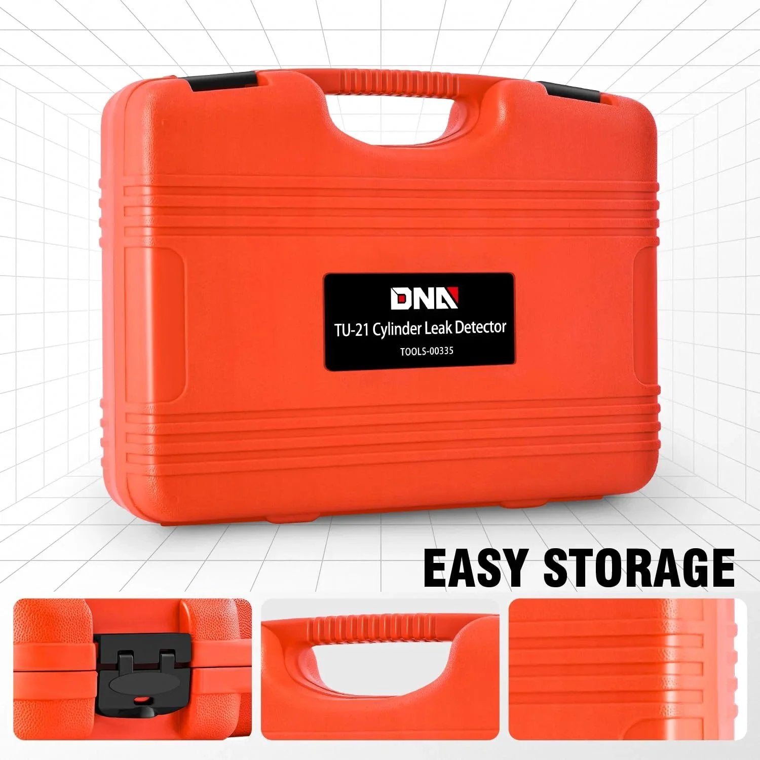 TU 21 Cylinder Leak Tester Kit With Double Gauge System For Petrol Engines Automotive Engine Pressure Gauges And Leakage Detector Tool Set For Compression Tests Compatible With 10 12 And 14mm Spark Plugs DNA Motoring in a red plastic storage case with handle and secure clasps