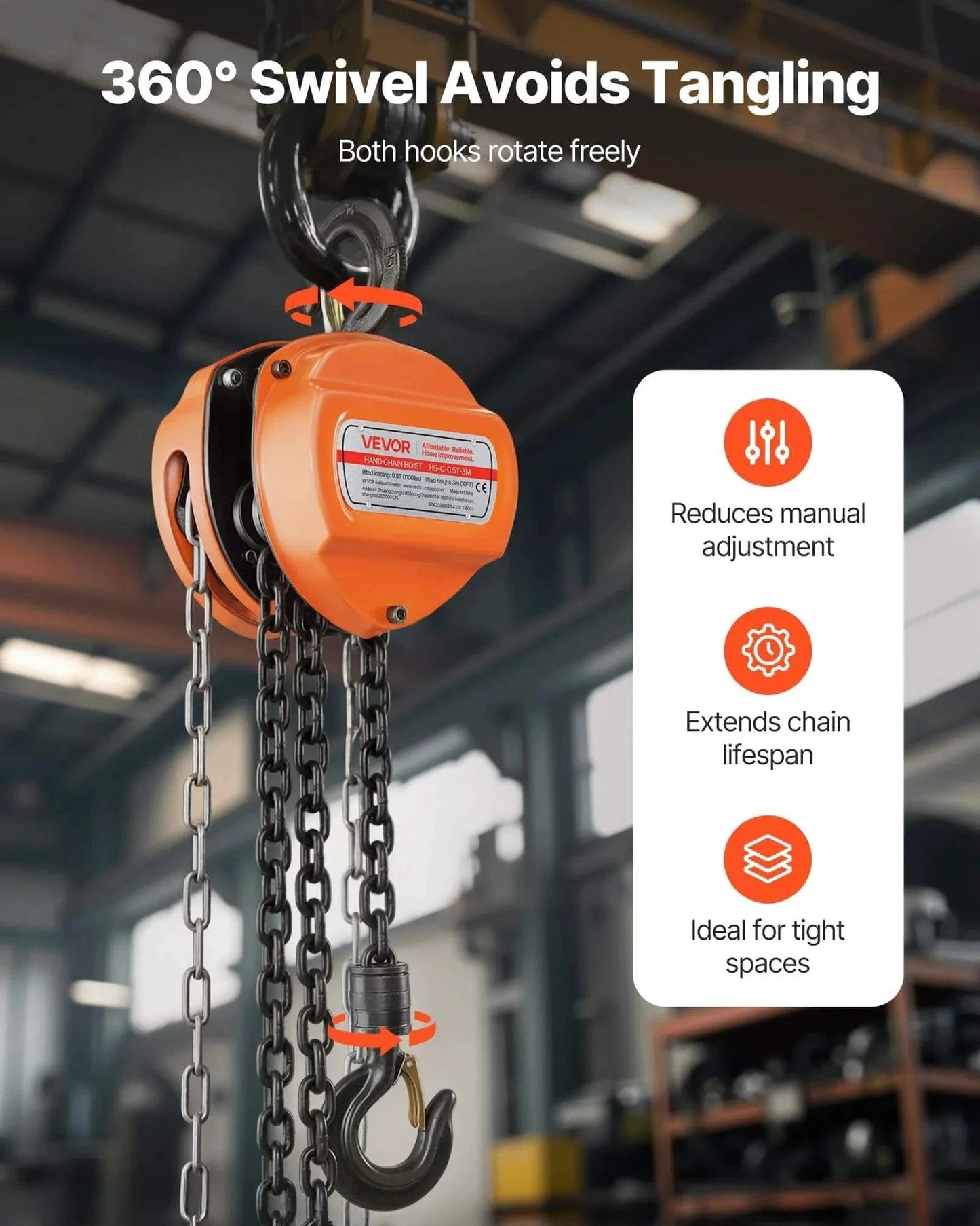 Hand Chain Hoist 1100 Lb Capacity Half Ton With 10 Ft Lift Galvanized G80 Chain in garage setting