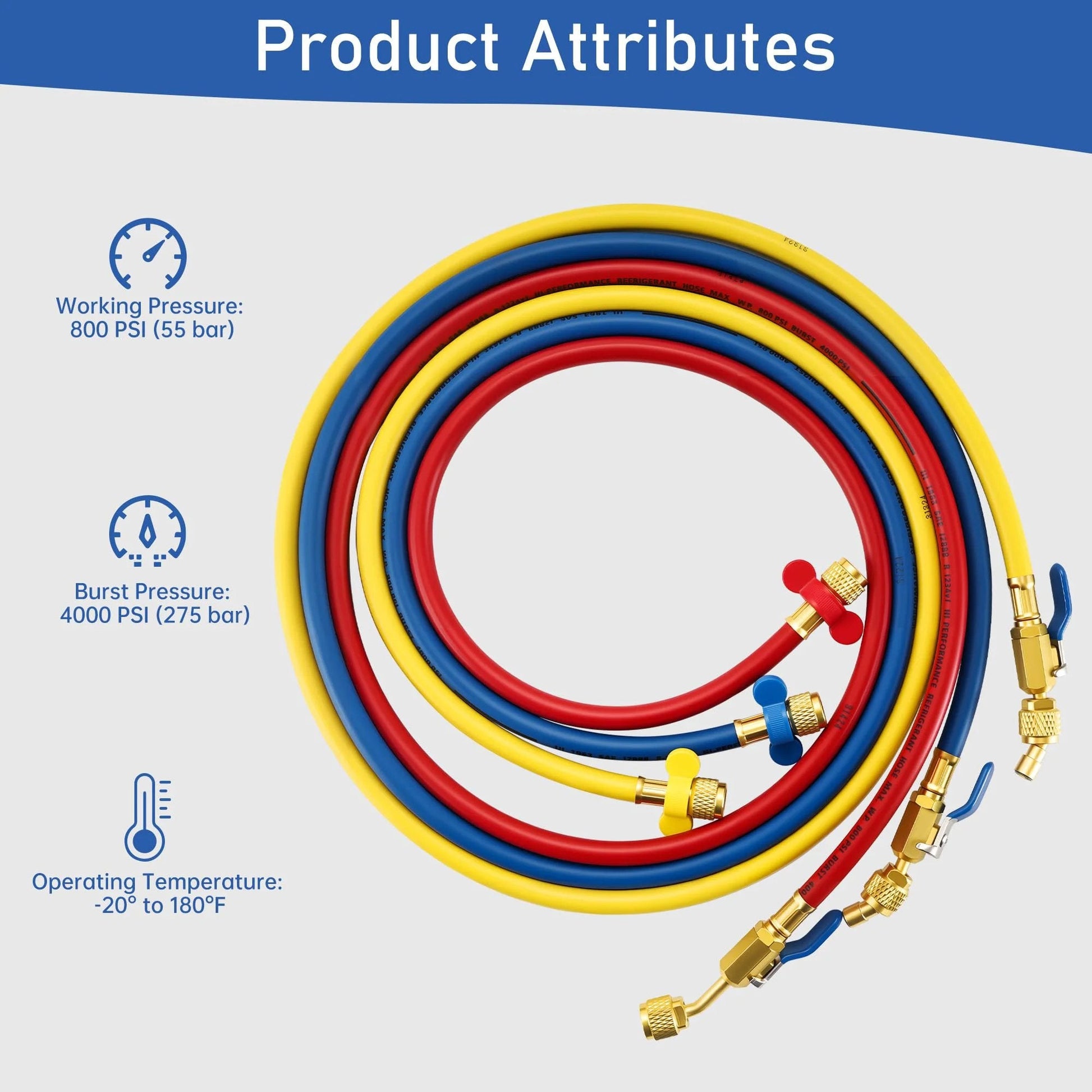 Color Coded A2L Refrigerant Hose Set With Ball Valve Sixty Inch Length One Quarter Inch Left Handed R454B Adapter coiled