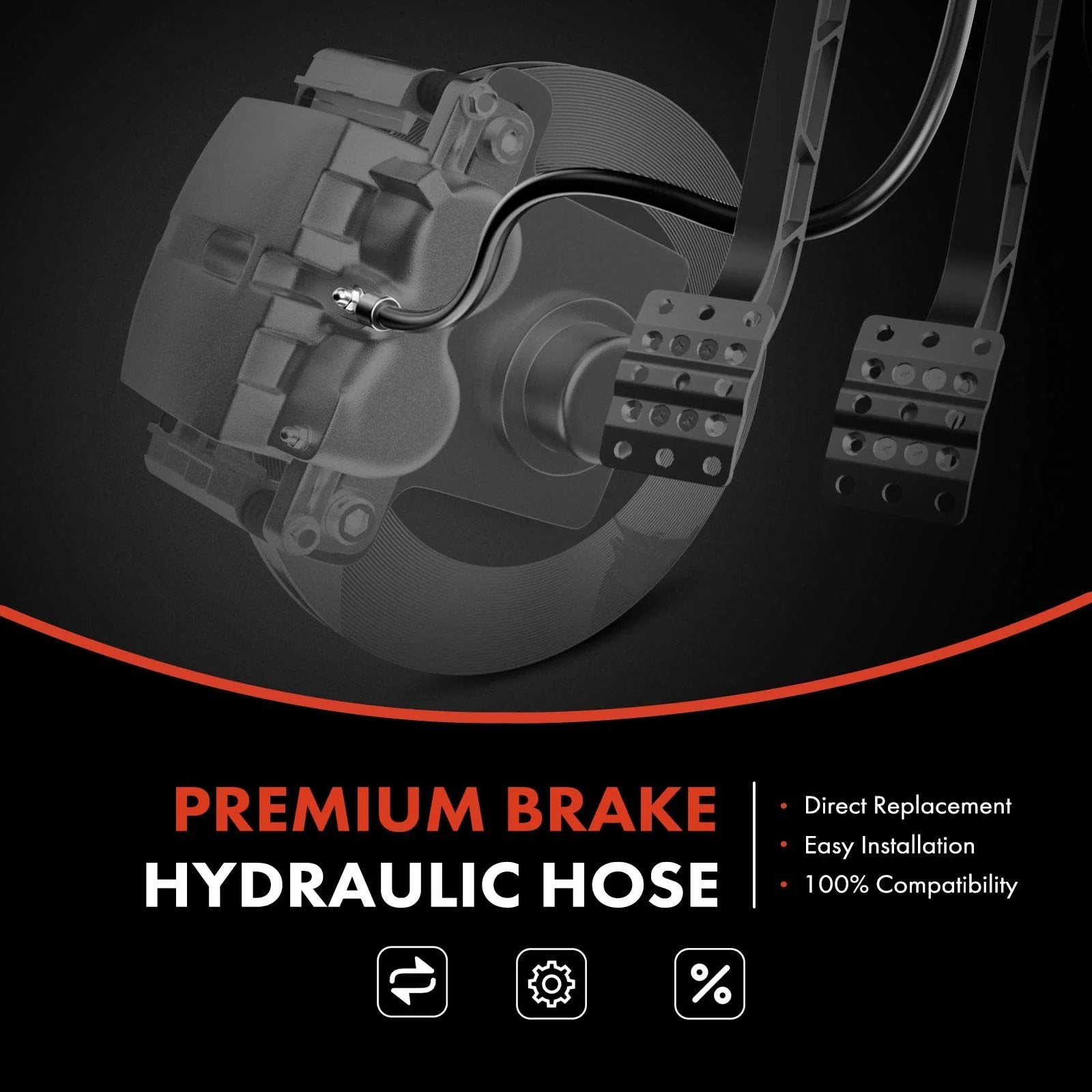 Front Brake Hydraulic Hose Set For Chevy GMC And Cadillac Trucks And SUVs Including High Quality OEM Style Silverado Sierra 1500 1500 Classic Tahoe Yukon Suburban Avalanche Escalade ESV EXT Pack Of 2 APremium shown in detailed view with disc brake setup.