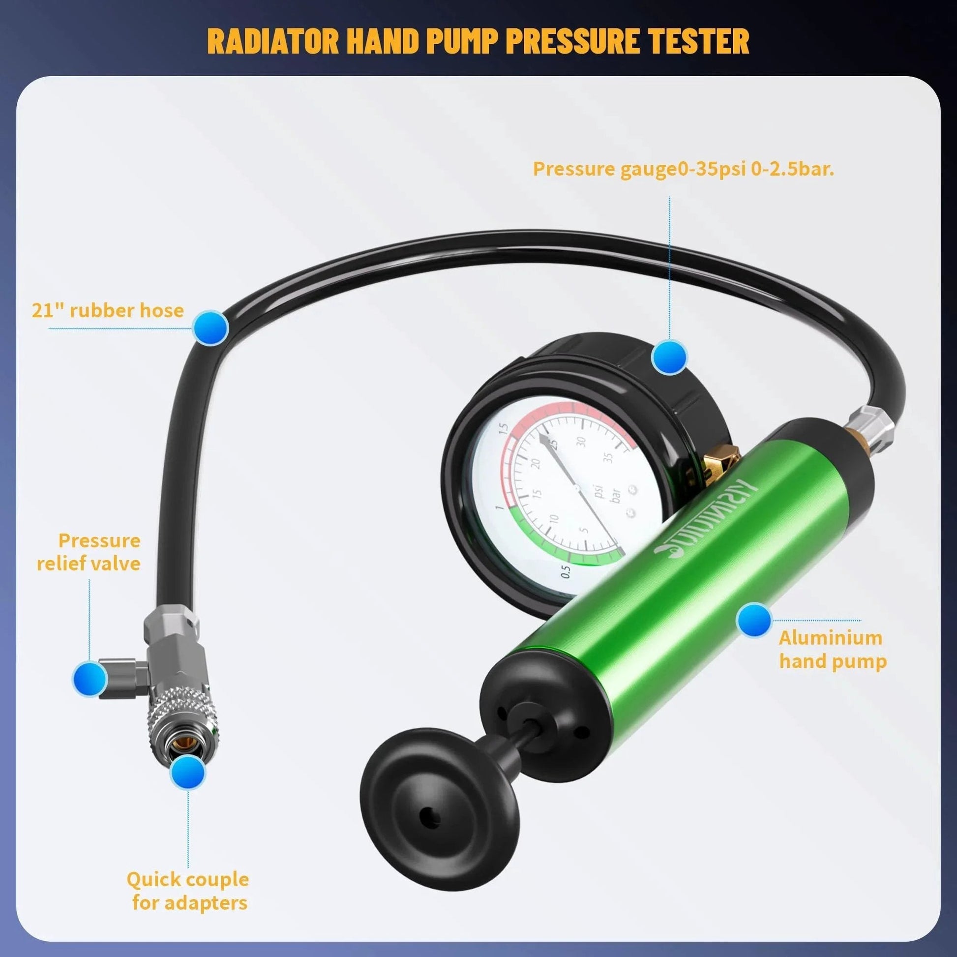 Image of Universal 28pc Radiator Pressure Tester Kit YISINIUTUO with a 21-inch rubber hose, pressure gauge, and aluminum hand pump