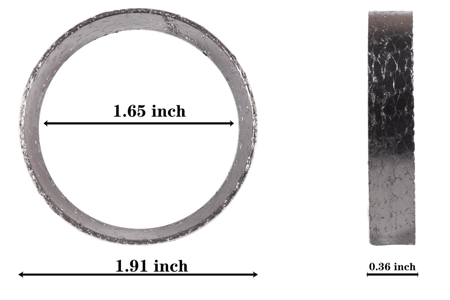 Graphite And Steel Mesh Exhaust Gasket Sheets 48mm Inner Diameter 2 Pcs shown in front and side view with dimensions