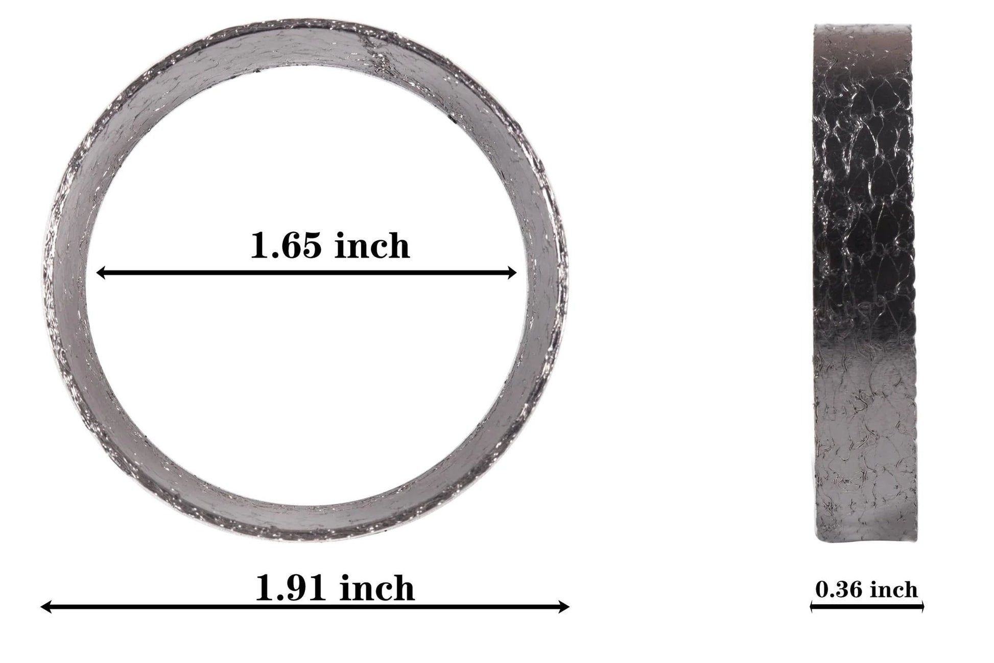 Graphite And Steel Mesh Exhaust Gasket Sheets 48mm Inner Diameter 2 Pcs shown in front and side view with dimensions
