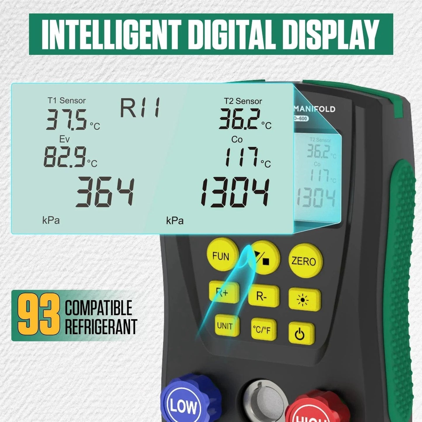 Digital Pro Grade HVAC Manifold Gauge Kit For Refrigerants With Dual Pressure And Temperature Tests Includes Temperature Clips And Hoses Vacuum AC Gauges For R1234YF R134A R404A R410A R32 R744 CO2 BELEY showing digital display and buttons