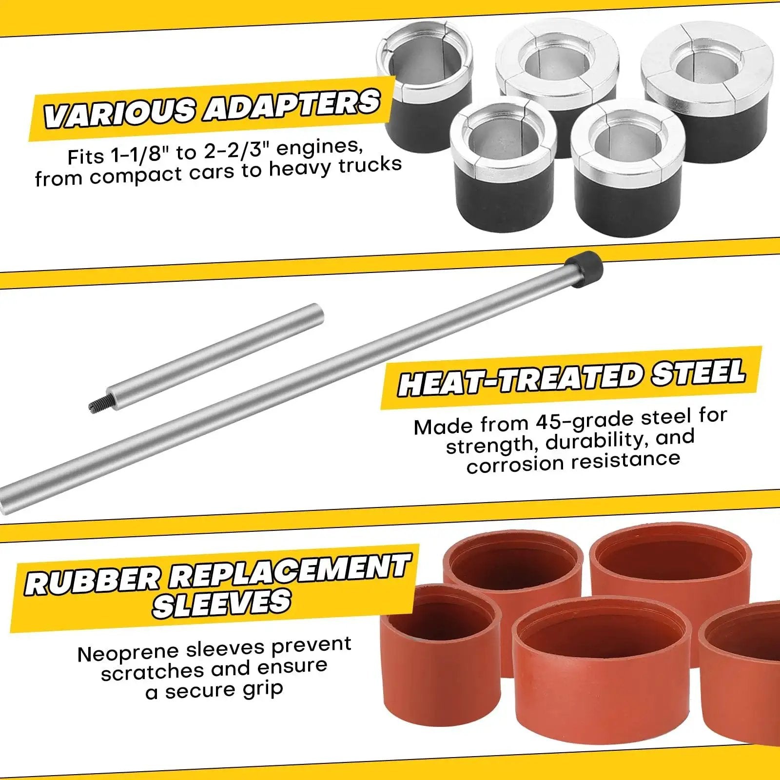 Cam Bearing Removal And Installation Tool Set Universal For Camshaft Bearings From 1.125 To 2.690 Inches, includes adapters, steel bar, and sleeves.