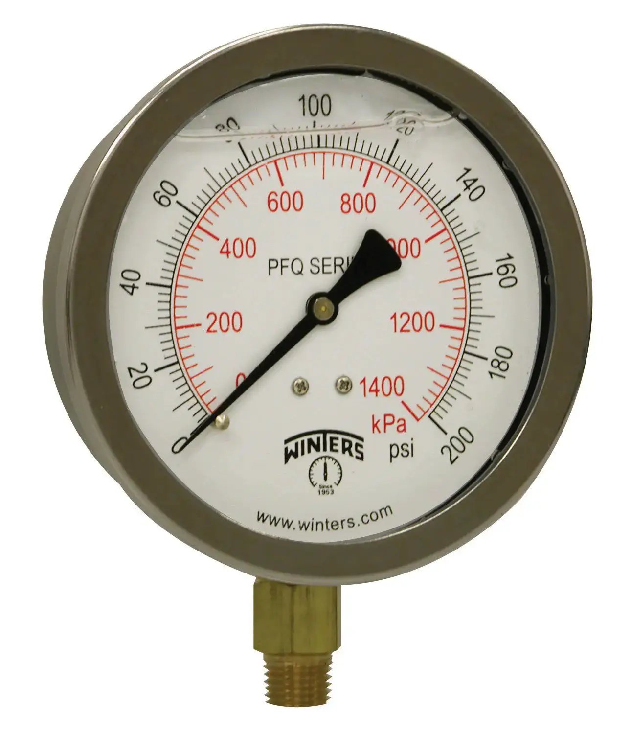 Industrial Glycerin Filled Pressure Gauge 4 Inch Dial With Brass Internals And 304 Stainless Steel Case Dual Scale 0 To 200 Psi And KPa