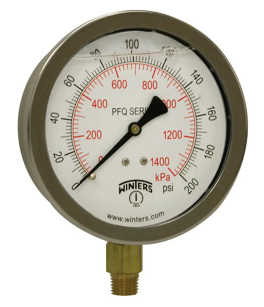 Industrial Glycerin Filled Pressure Gauge 4 Inch Dial With Brass Internals And 304 Stainless Steel Case Dual Scale 0 To 200 Psi And KPa