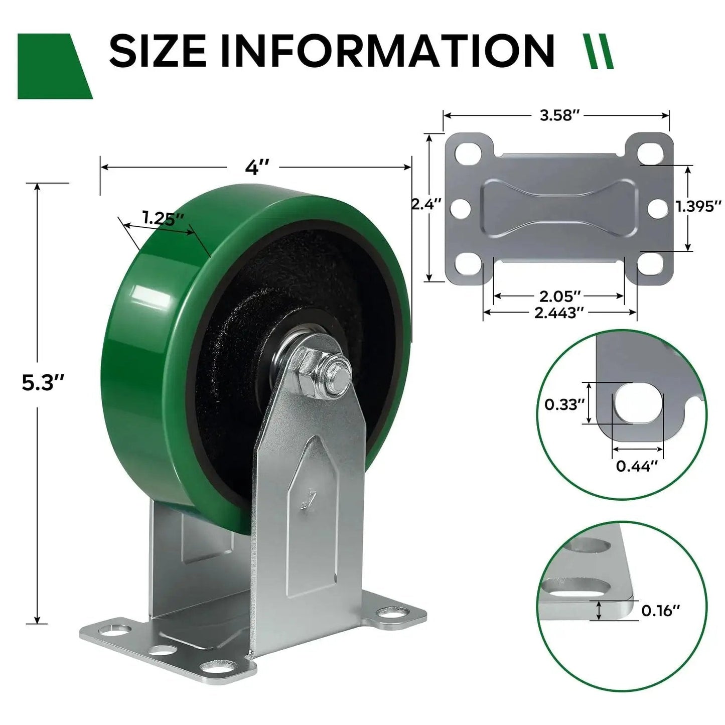 Dimension diagram of Beefed Up 4 Inch Caster Wheels Set Of 4 With Polyurethane On Cast Iron Core Swivel Casters displaying measurements.