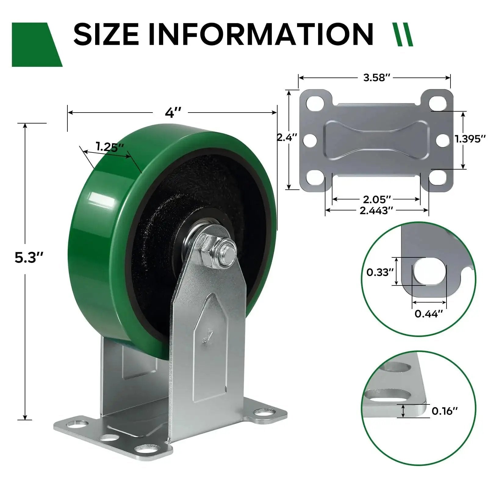 Dimension diagram of Beefed Up 4 Inch Caster Wheels Set Of 4 With Polyurethane On Cast Iron Core Swivel Casters displaying measurements.