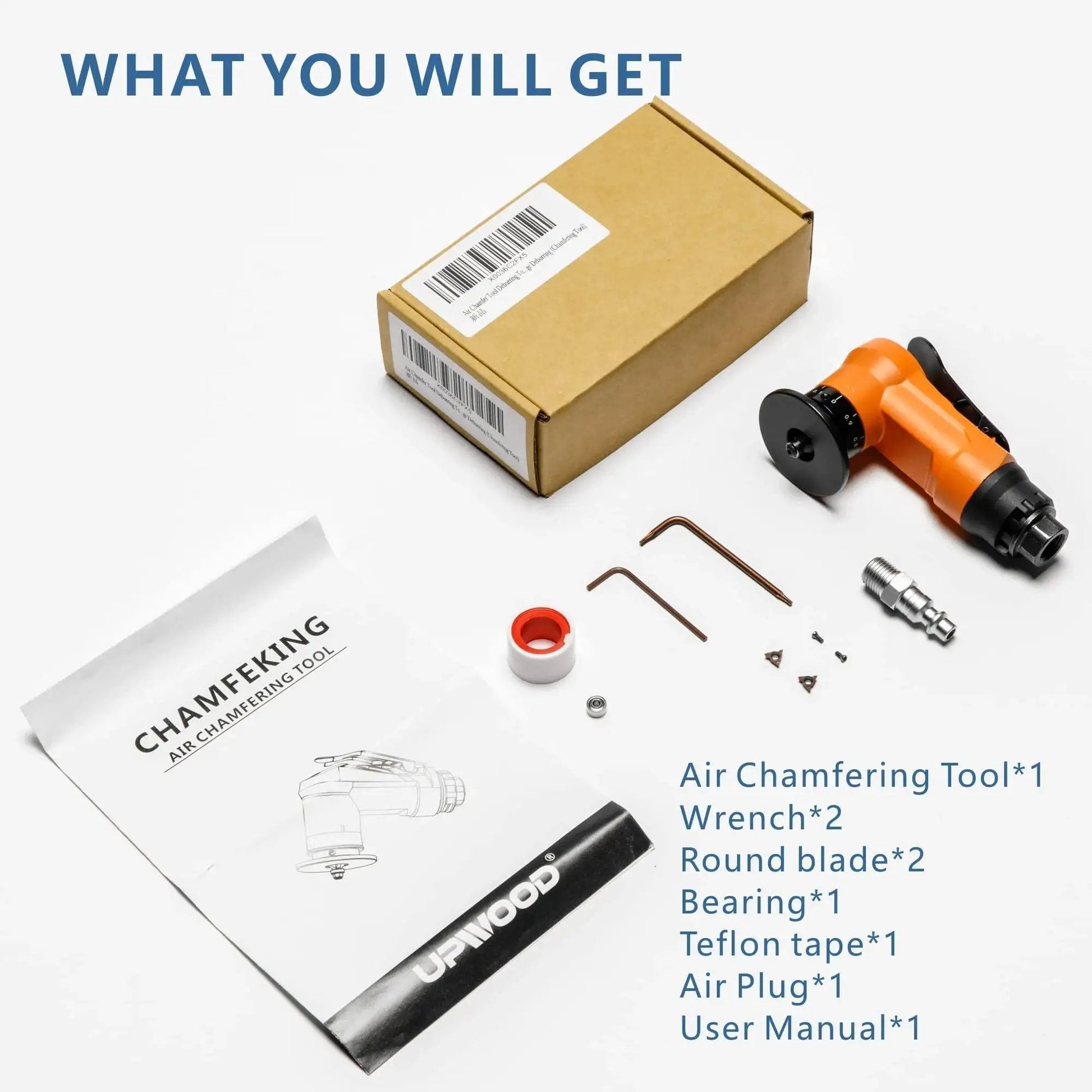 Two In One Pneumatic Chamfering And Arc Corner Rounding Tool with accessories including wrenches, blades, and manual.