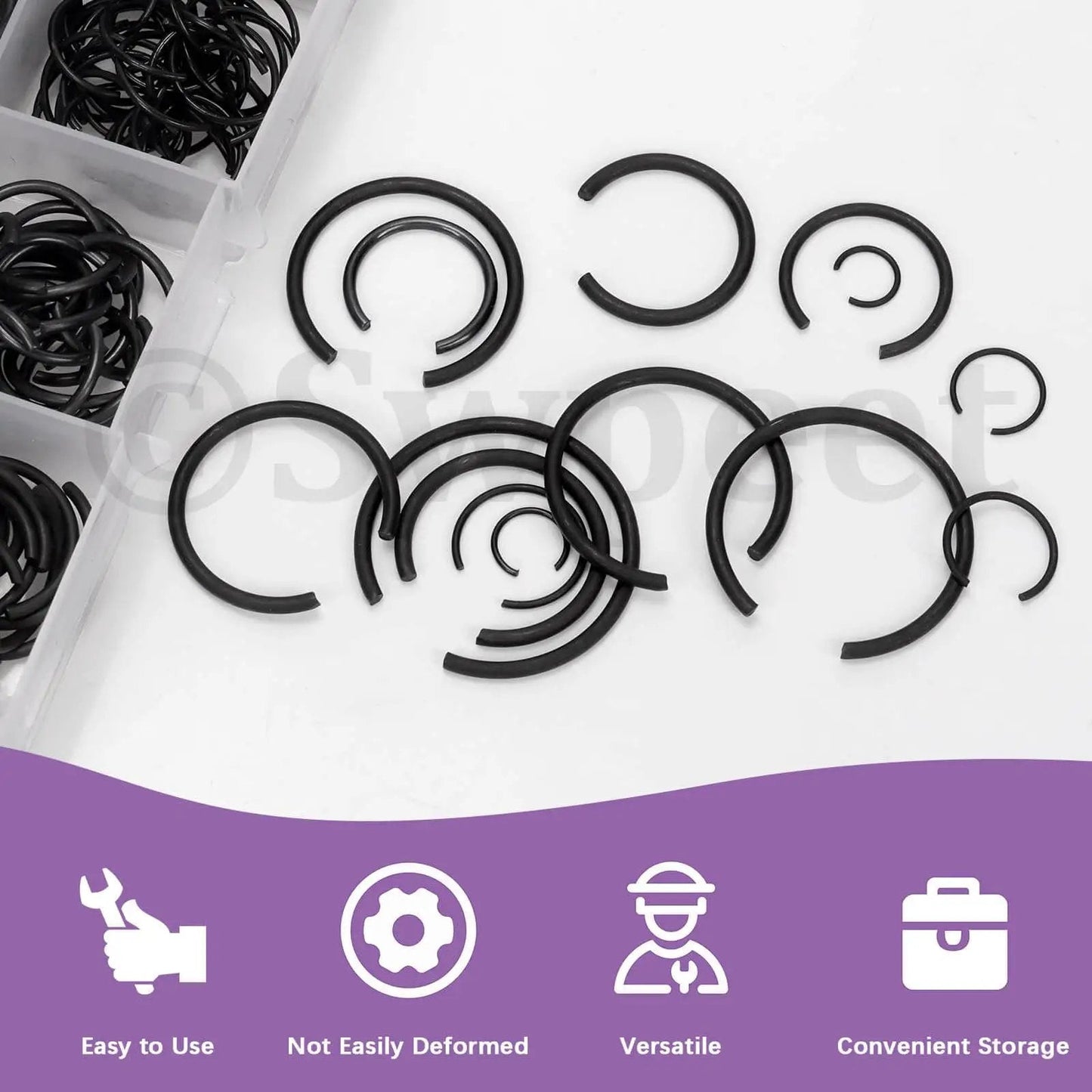All In One Snap Ring Kit for Bearings and Shafts, 150 Pcs External C Clips Set Featuring 10 Sizes 10mm to 26mm, Carbon Spring Steel Manganese Round Wire Retaining Rings scattered on a white surface.