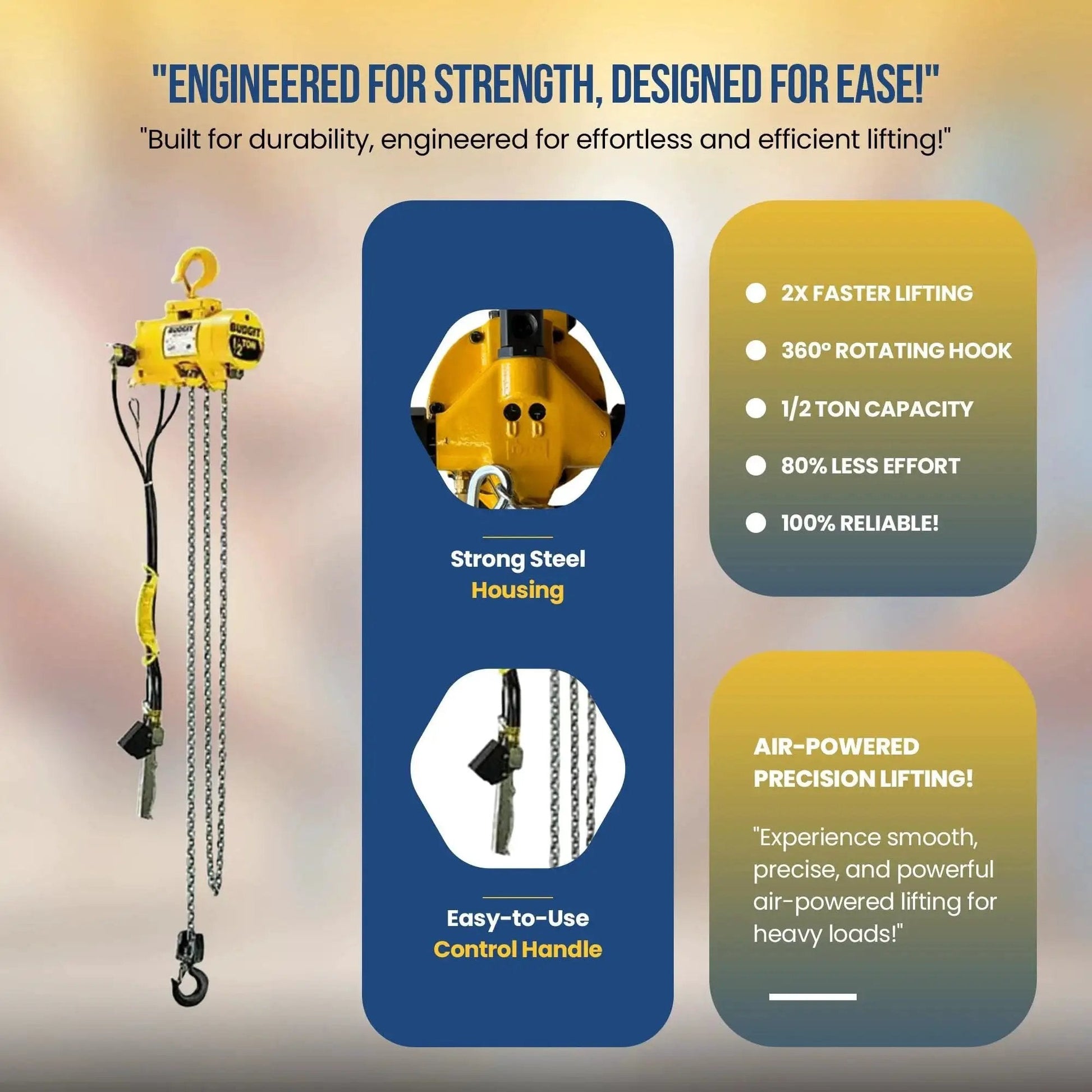 Half Ton Pneumatic Air Hoist With 20 Foot Lift And Pendant Throttle Control showcasing steel housing and control handle.