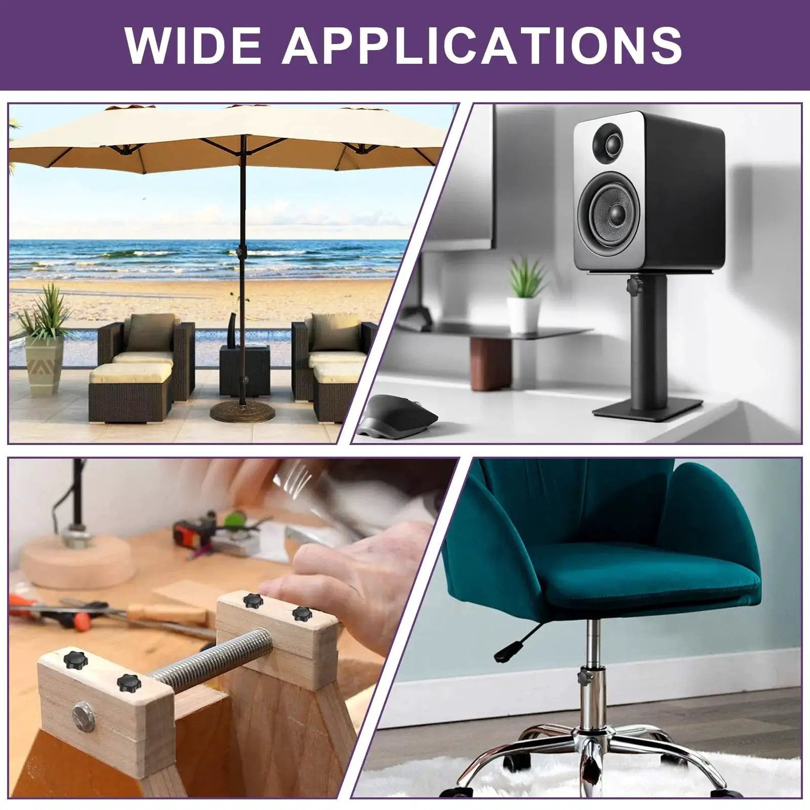 Collage showing Wide Applications of Six Pack M6 30mm Thread Star Knobs Hex Clamping Handles For Umbrella Base in various setups