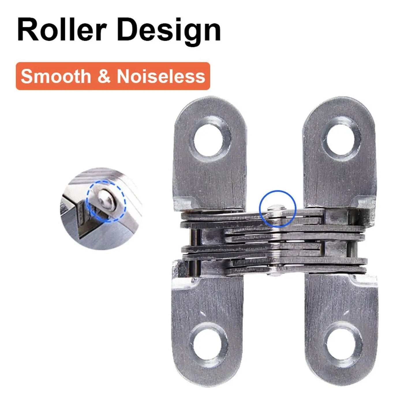 Hidden Door Hinge Set 6 Pieces, Invisible Cross Hinge 180 Degree Folding, stainless steel zinc alloy, shown in close detail.