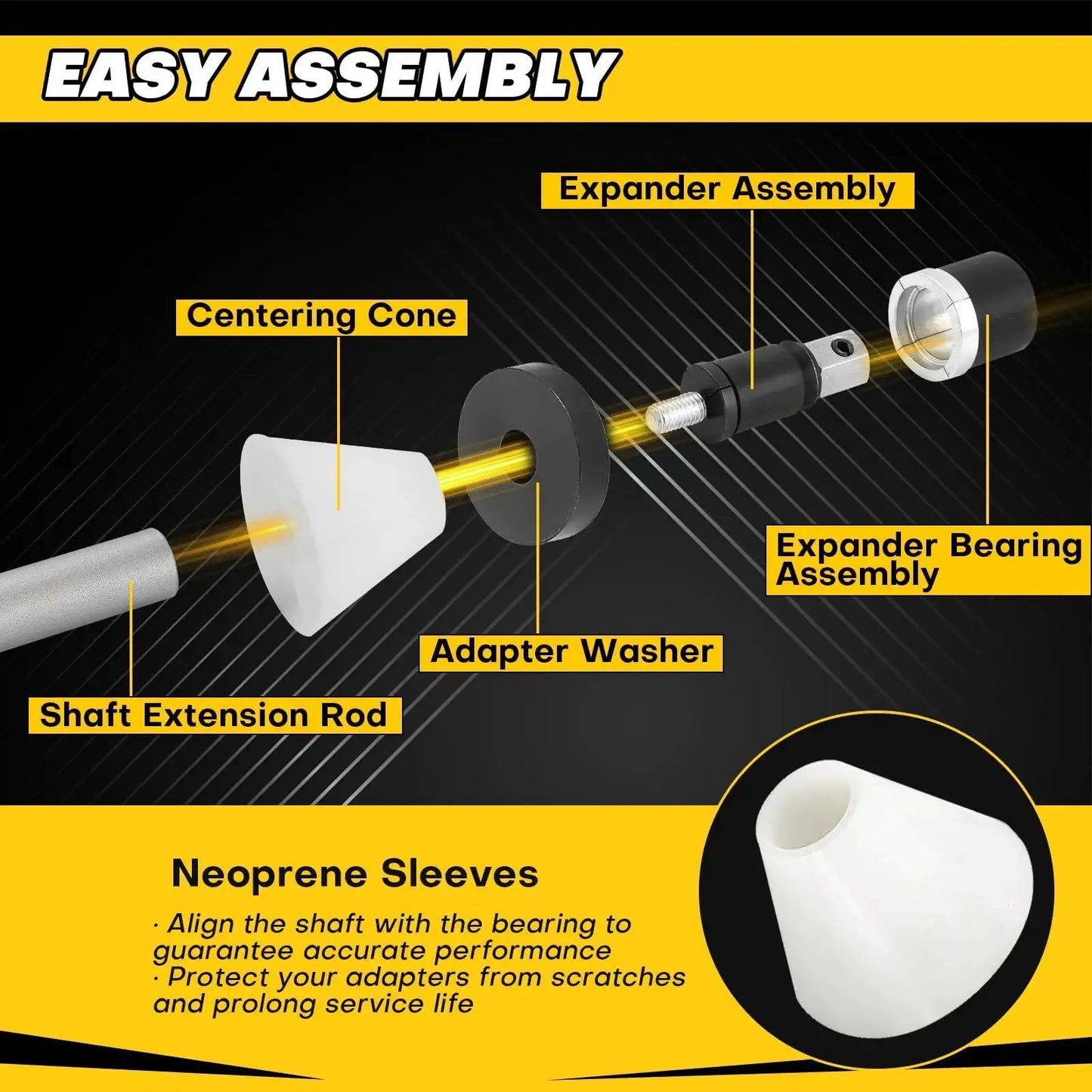 Cam Bearing Removal And Installation Tool Set Universal for camshaft bearings, showing shaft extension rod, centering cone, adapter washer.
