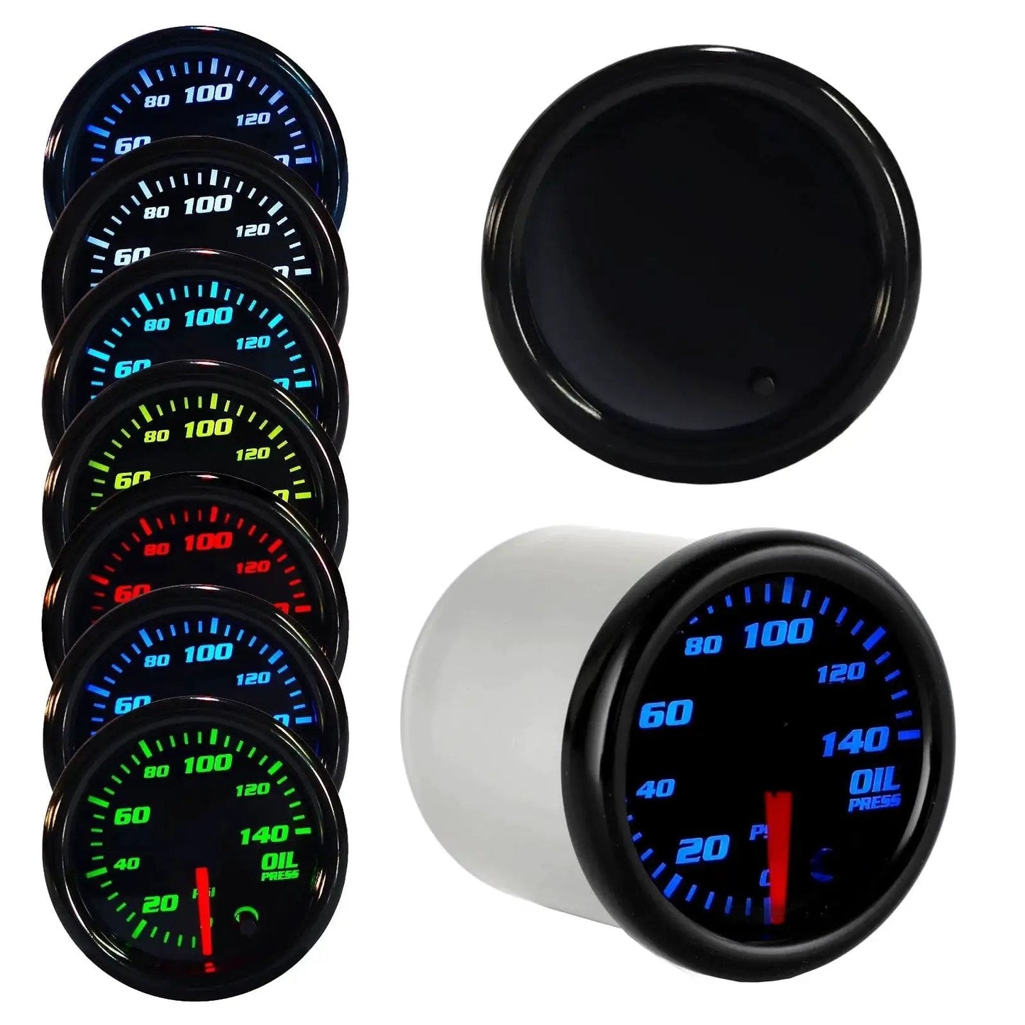Seven color glow display of Oil Pressure Gauge Kit For Cars And Trucks 0 To 140 PSI 52 Millimeter Dial with smoked lens and wiring harness