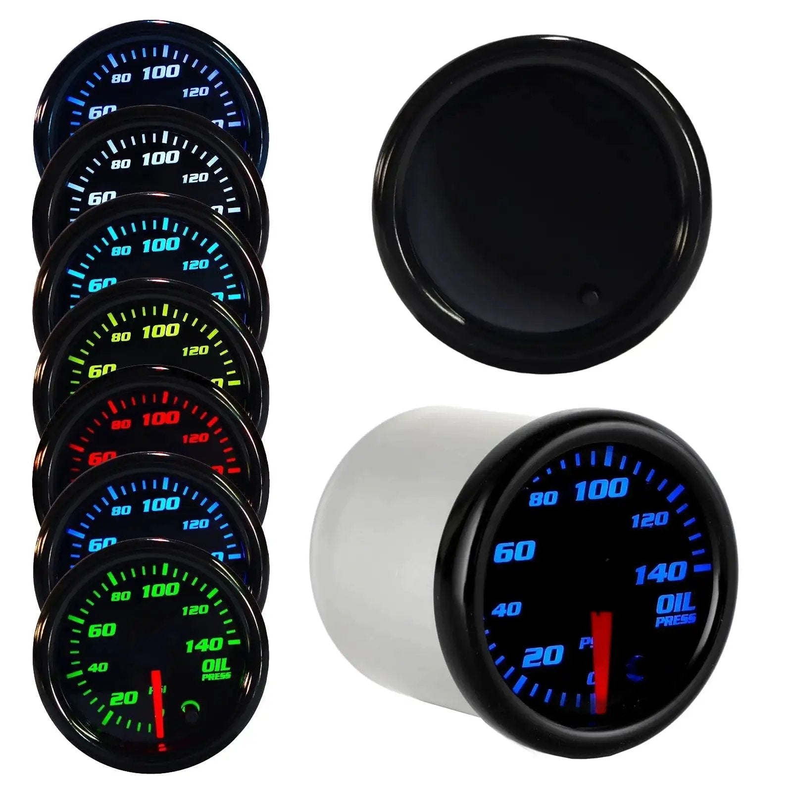 Seven color glow display of Oil Pressure Gauge Kit For Cars And Trucks 0 To 140 PSI 52 Millimeter Dial with smoked lens and wiring harness