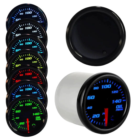Seven color glow display of Oil Pressure Gauge Kit For Cars And Trucks 0 To 140 PSI 52 Millimeter Dial with smoked lens and wiring harness