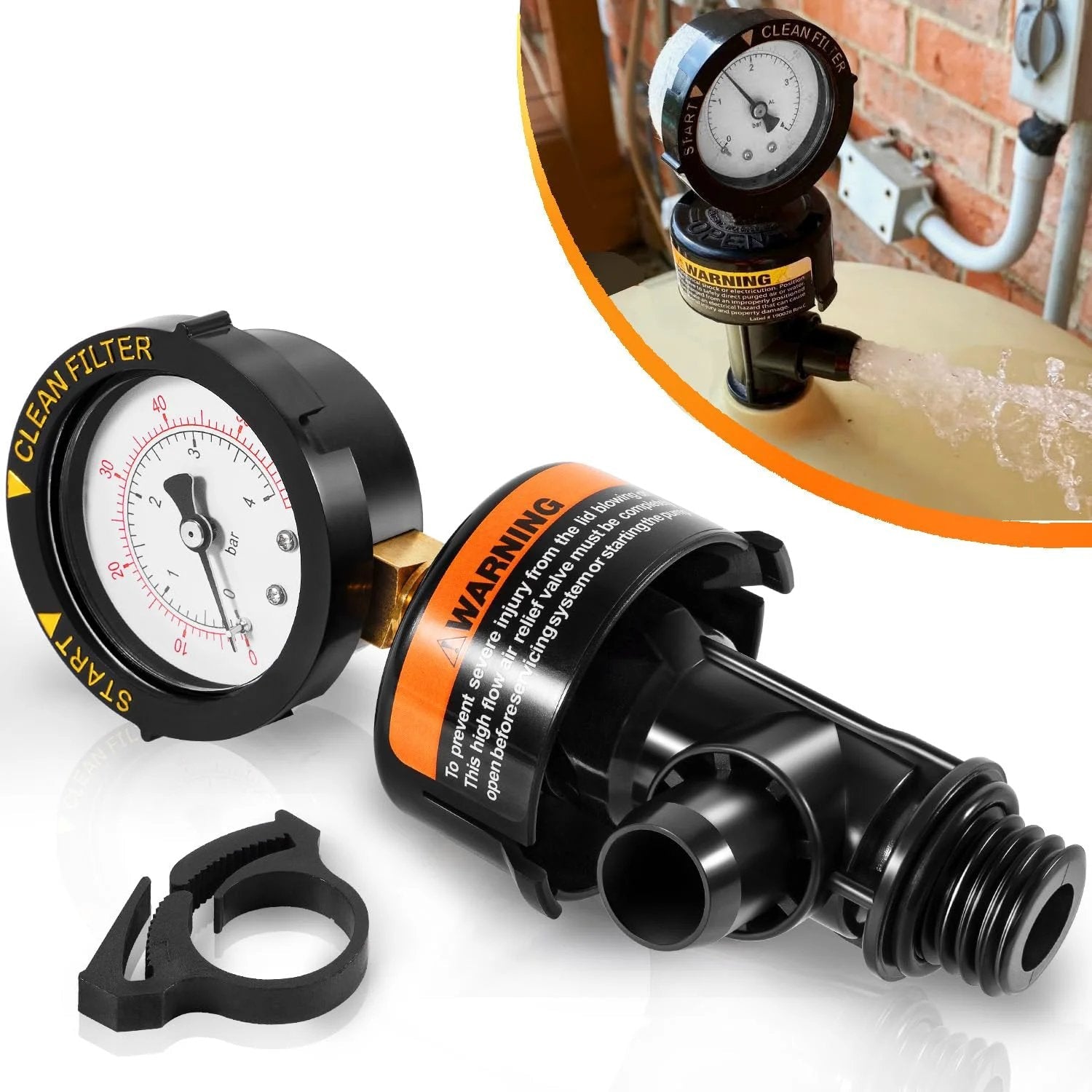High Flow Manual Air Relief Valve With Pressure Gauge Top Mount Replacement For Pool And Spa Filters Fits Pentair FNS And Clean And Clear Series EasyClean Warrior Predator Models, showing components and installation example