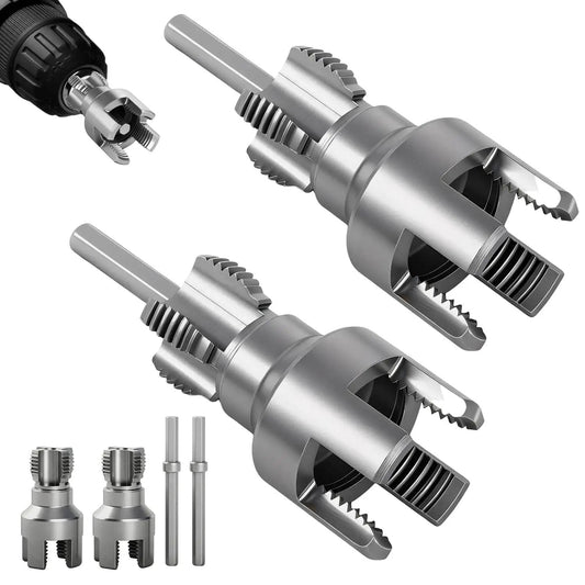 Two Piece Pipe Threading Tool Kit For Water Pipes With Half Inch And Three Quarter Inch Internal And External Threaders Alloy Steel Construction Drill Compatible Grab And Go DIY Plumbing Solution For Home And Pro Projects, showing alloy steel threaders and drill compatibility.