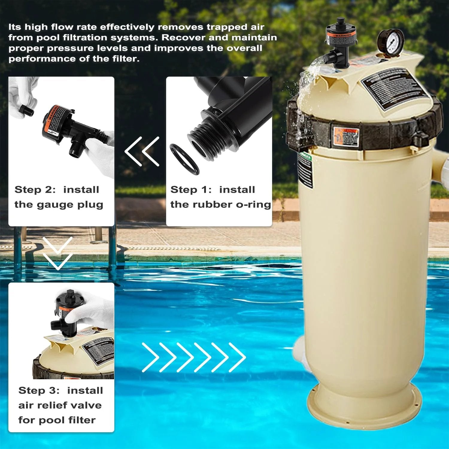 High Flow Manual Air Relief Valve for Pool and Spa Filters Easy Install Pressure Relief Valve Compatible With CCP100 CCP320 CCP420 CCP520 FNS FNS Plus SMBW 2000 4000 Quad DE 60 80 100 Predator Filters installation steps on pool filter