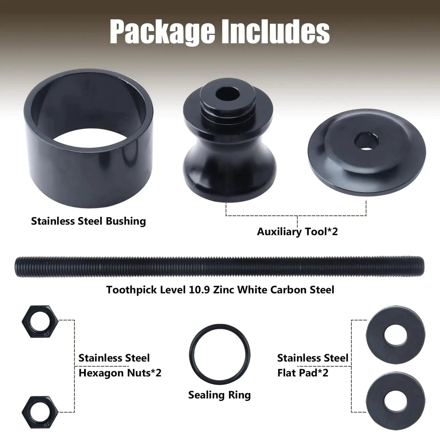 Package contents for Black Wheel Bearing Removal Tool for ATV/UTV, including stainless steel bushing, auxiliary tools, and hardware.