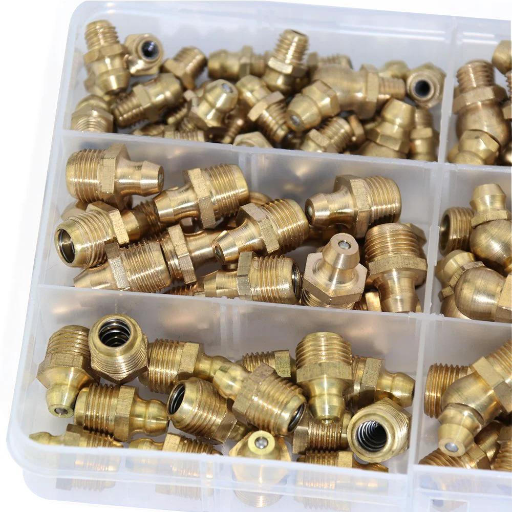 115 Piece SAE Brass Zerk Fitting Assortment Kit for Hydraulic Grease Straight One Quarter Inch Twenty Eight Threads One Eighth Inch and Forty Five Degree and Ninety Degree Angled Zerk Set Heavy Duty Brass Bronze Construction Plastic Case Included