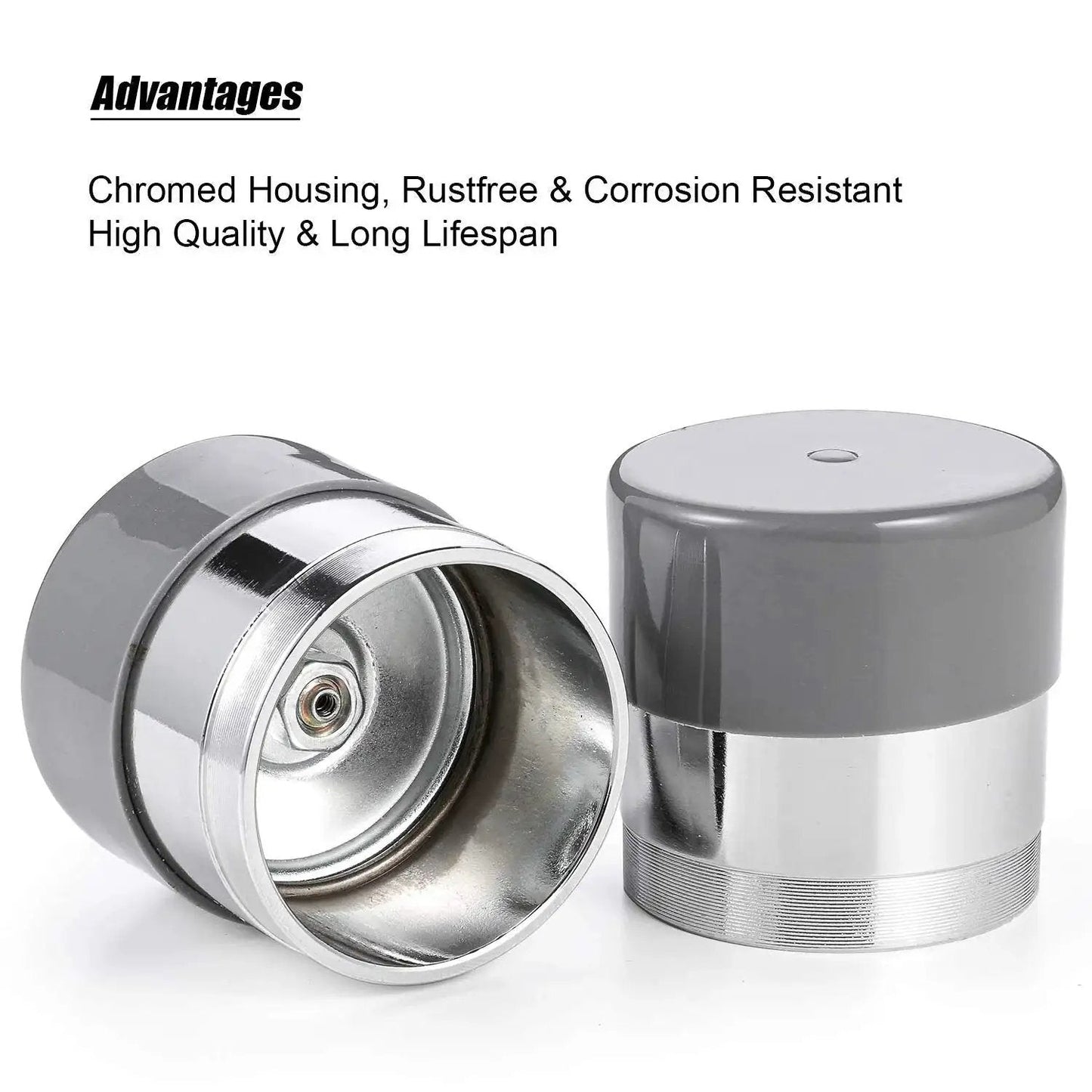 1.98 Inch Bearing Protectors With Chromed Protective Bras For Trailer Wheels, Universal Fit 2 Pack showing chrome housing