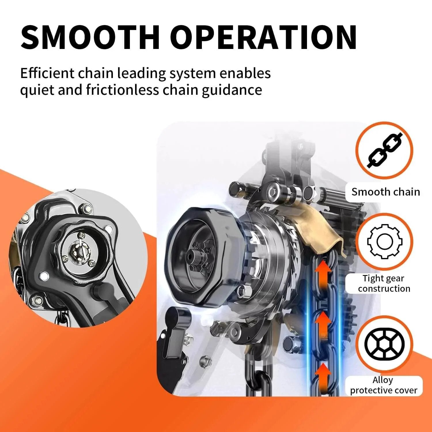 Close-up of Manual Lever Chain Hoist 2 Ton Come Along 4400 Lbs Capacity with smooth chain guide and tight gear construction.