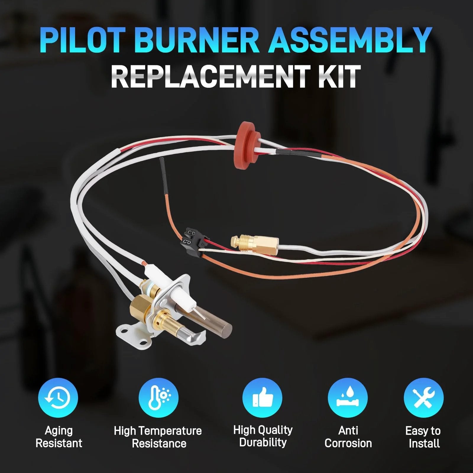 Plug And Play Pilot Assembly For Water Heater Ignition System With Thermopile And Sparker For Rheem Ruud Richmond Water Heaters NG With LP Orifice Replace SP20824 SP20754 SP21059 SP20800 Aging Resistant, displayed with wires and components.