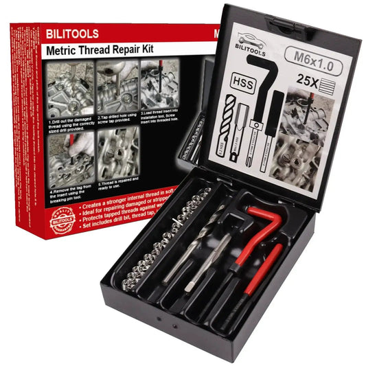 M6x1.0 Thread Repair Kit With HSS Drill For Helicoil Inserts showing stainless inserts, HSS drill, taps, and red handle in case
