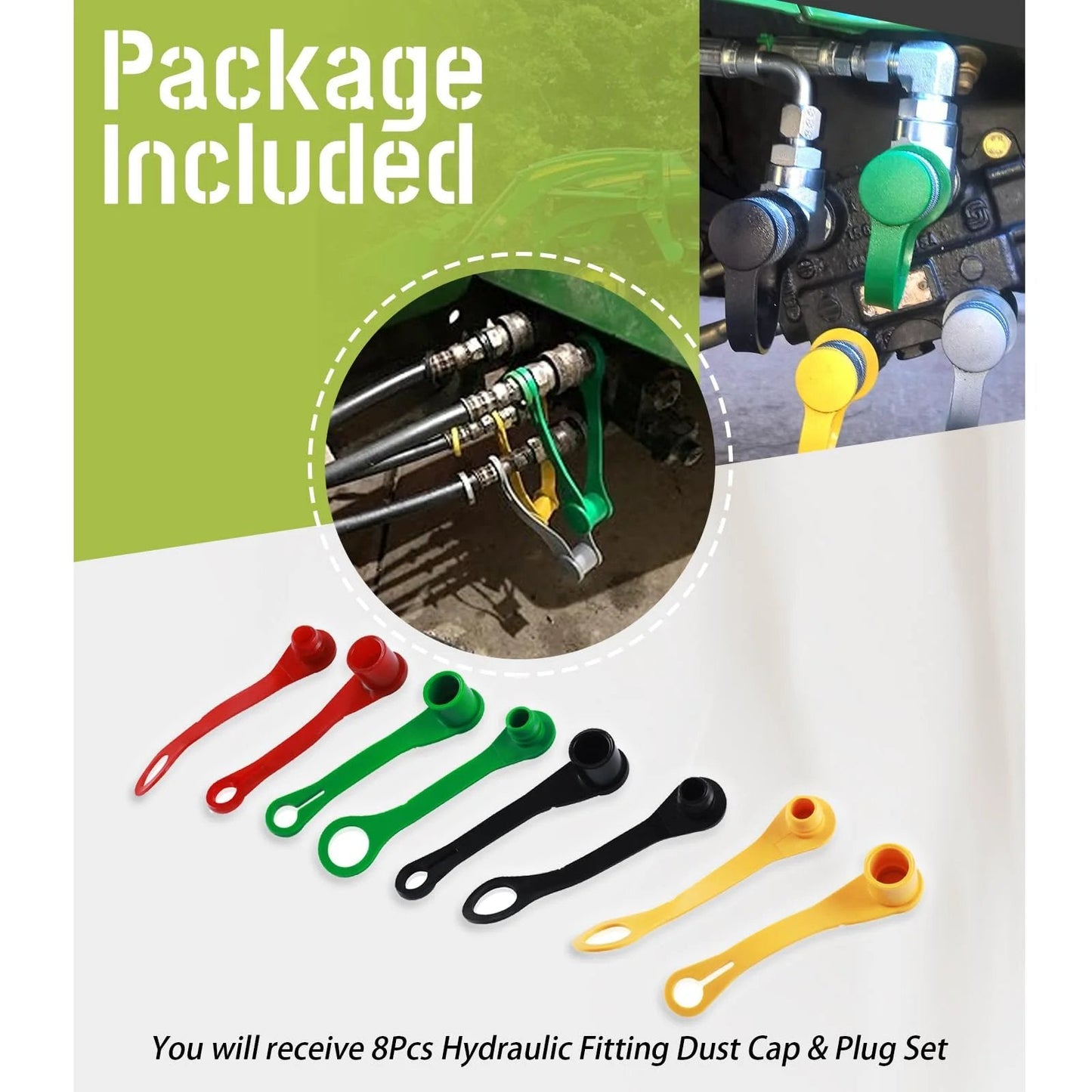 8 Piece Hydraulic Fitting Coupler Protective Covers Set For John Deere Tractors Black Yellow Green Red No Nonsense Multi Color Caps And Port Plugs For Durable Protection Of Hydraulic Ports And Quick Connect Fittings, shown in use on hydraulic connectors.
