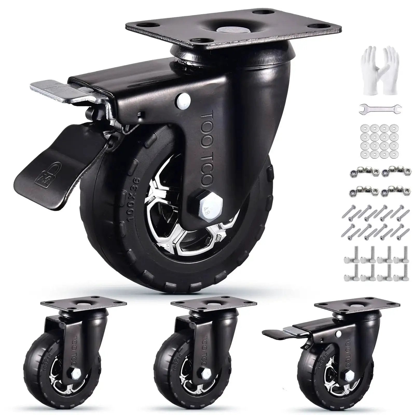 4 Inch Heavy Duty Caster Wheels Set Of 4 With Locking, Silent 360 Degree Swivel, Natural Elastic Rubber, 2200 Lbs Load Capacity