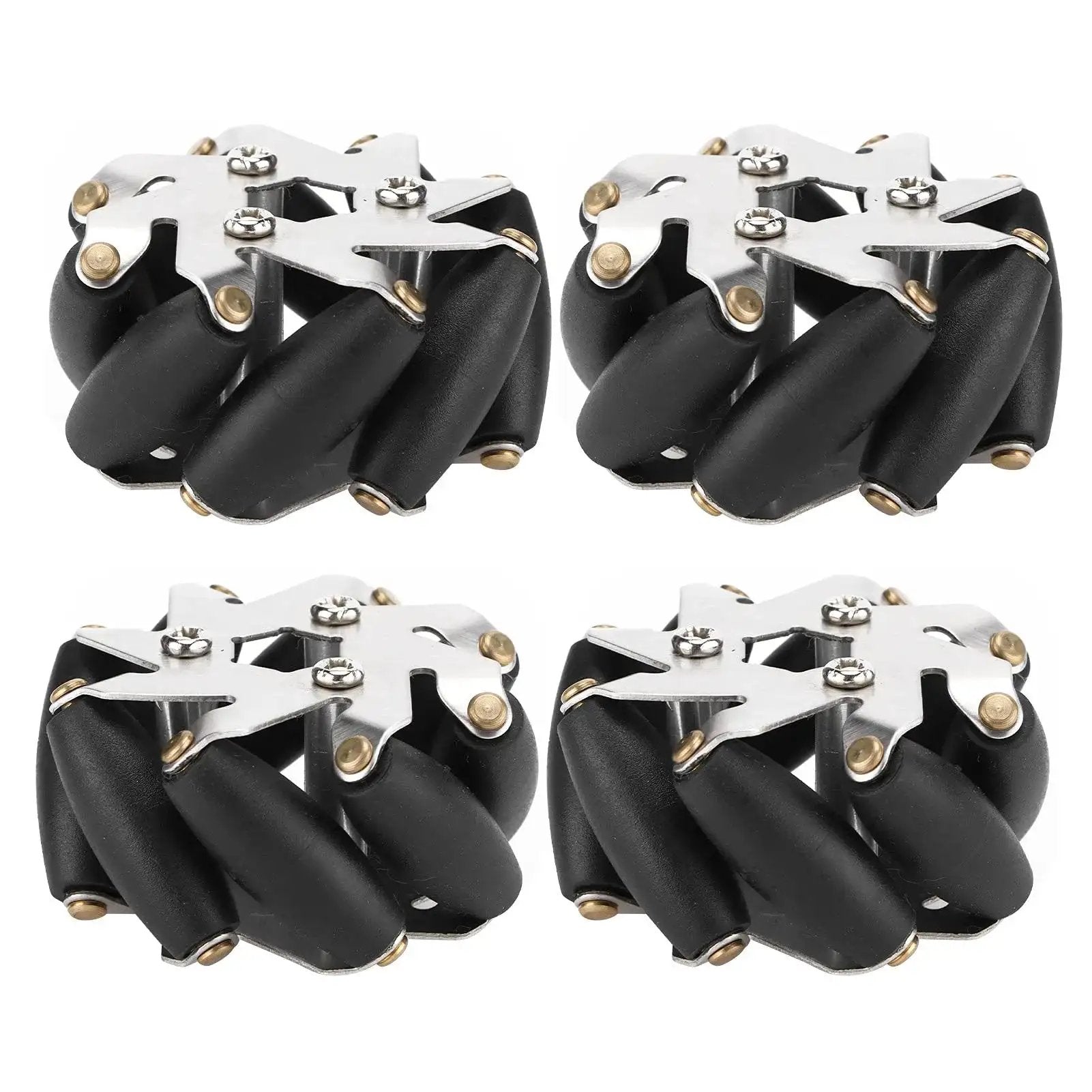 Four Piece 48mm Mecanum Wheel Set for Robot Car Chassis, each wheel with eight rollers for smooth angled maneuvers
