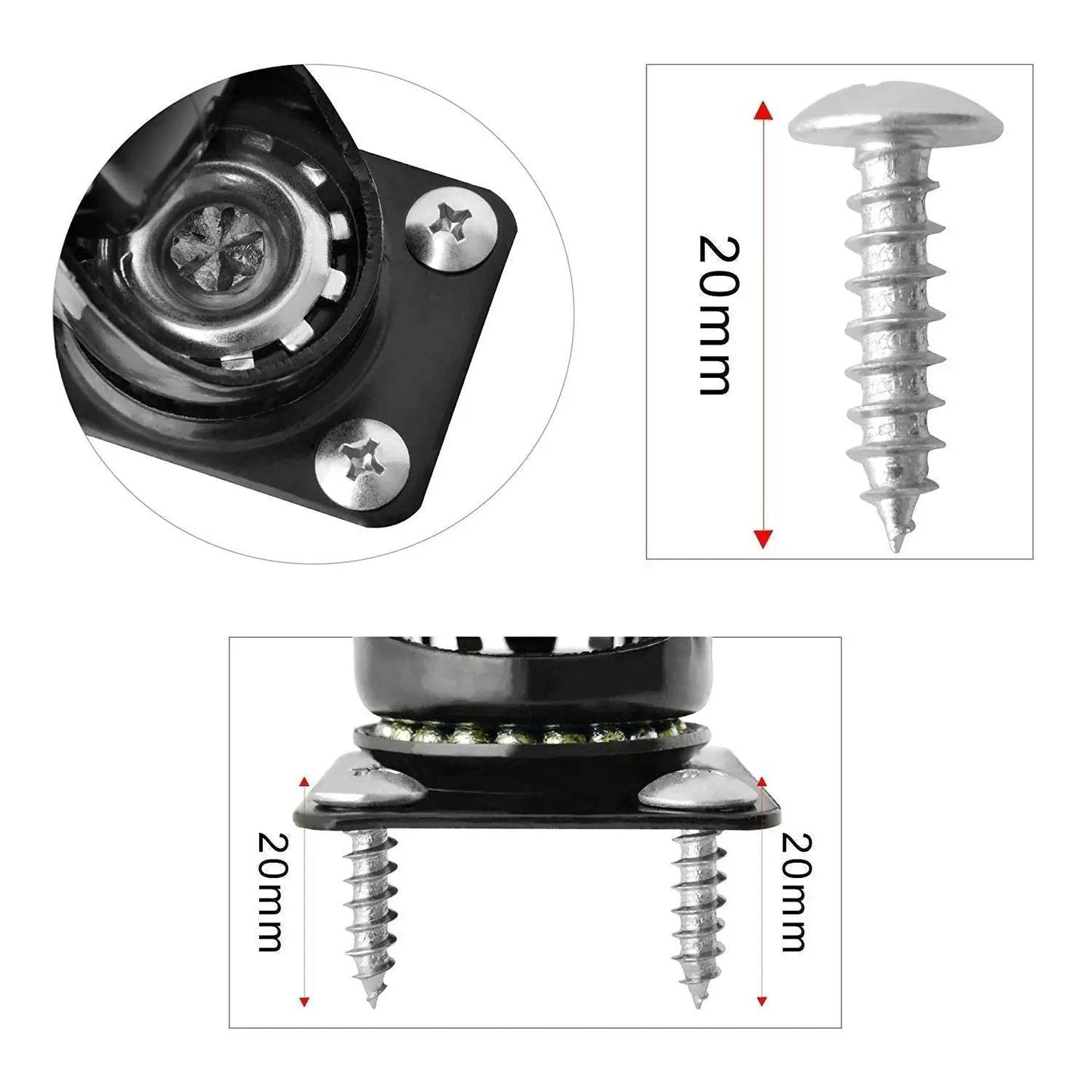 Close-up of 2 Inch Caster Wheels Set Of 4 With 360 Degree Swivel And Brakes, showing mounting plate and screws dimensions.