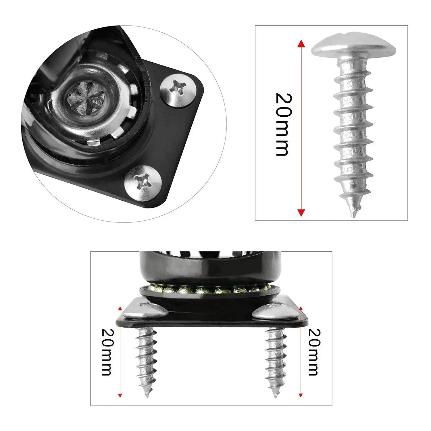 Close-up of 2 Inch Caster Wheels Set Of 4 With 360 Degree Swivel And Brakes, showing mounting plate and screws dimensions.