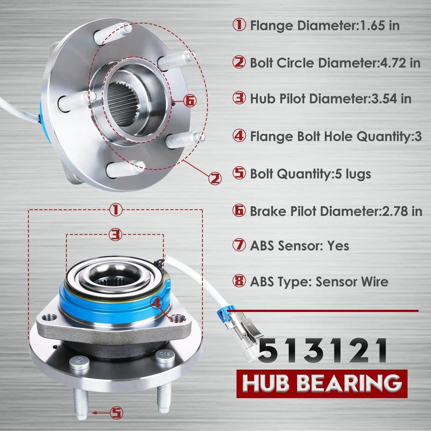 Single Front Wheel Hub & Bearing Assembly 513121 with 5-lug ABS, Chevy Impala 2000-2011, diagram with specifications.