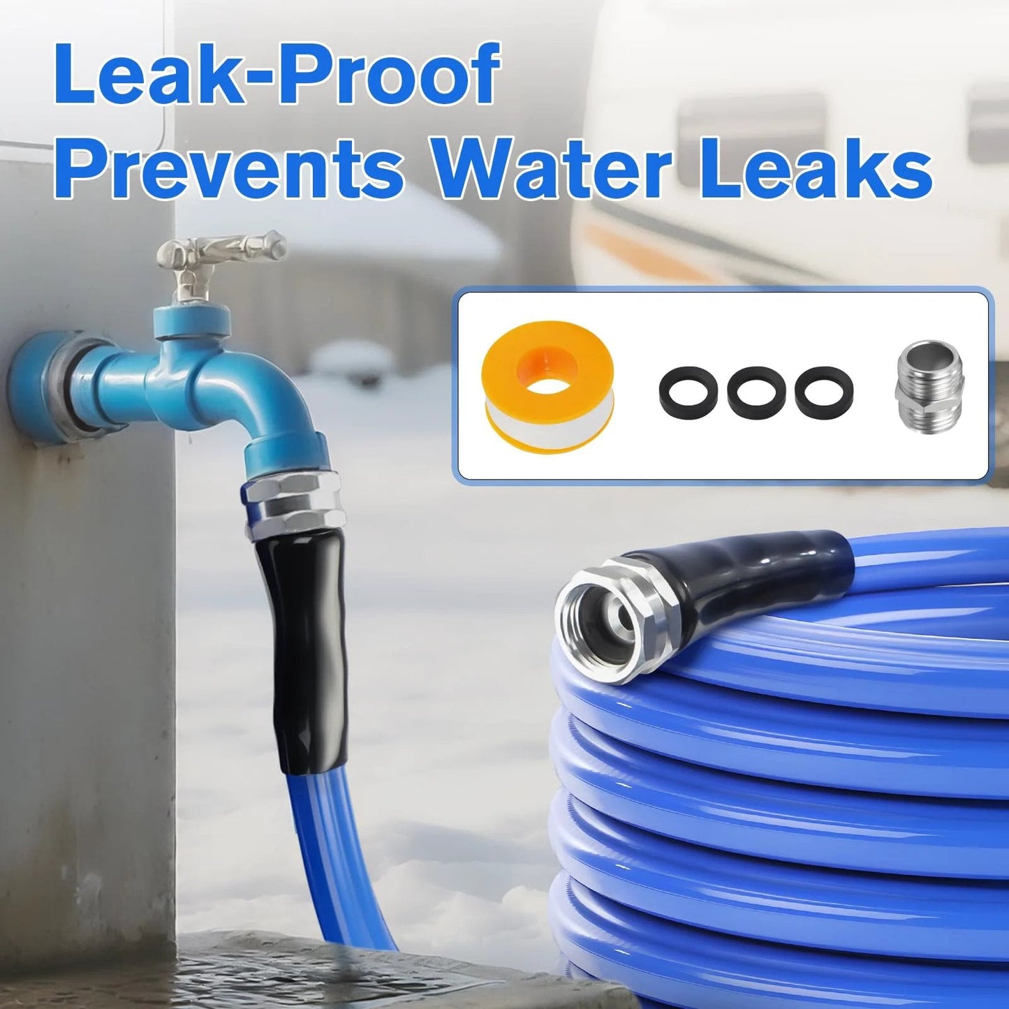 Heavy Duty Heated RV Water Hose 100 Ft Five Eighths Inch With Auto Thermostat for Freezing Weather connected to outdoor faucet