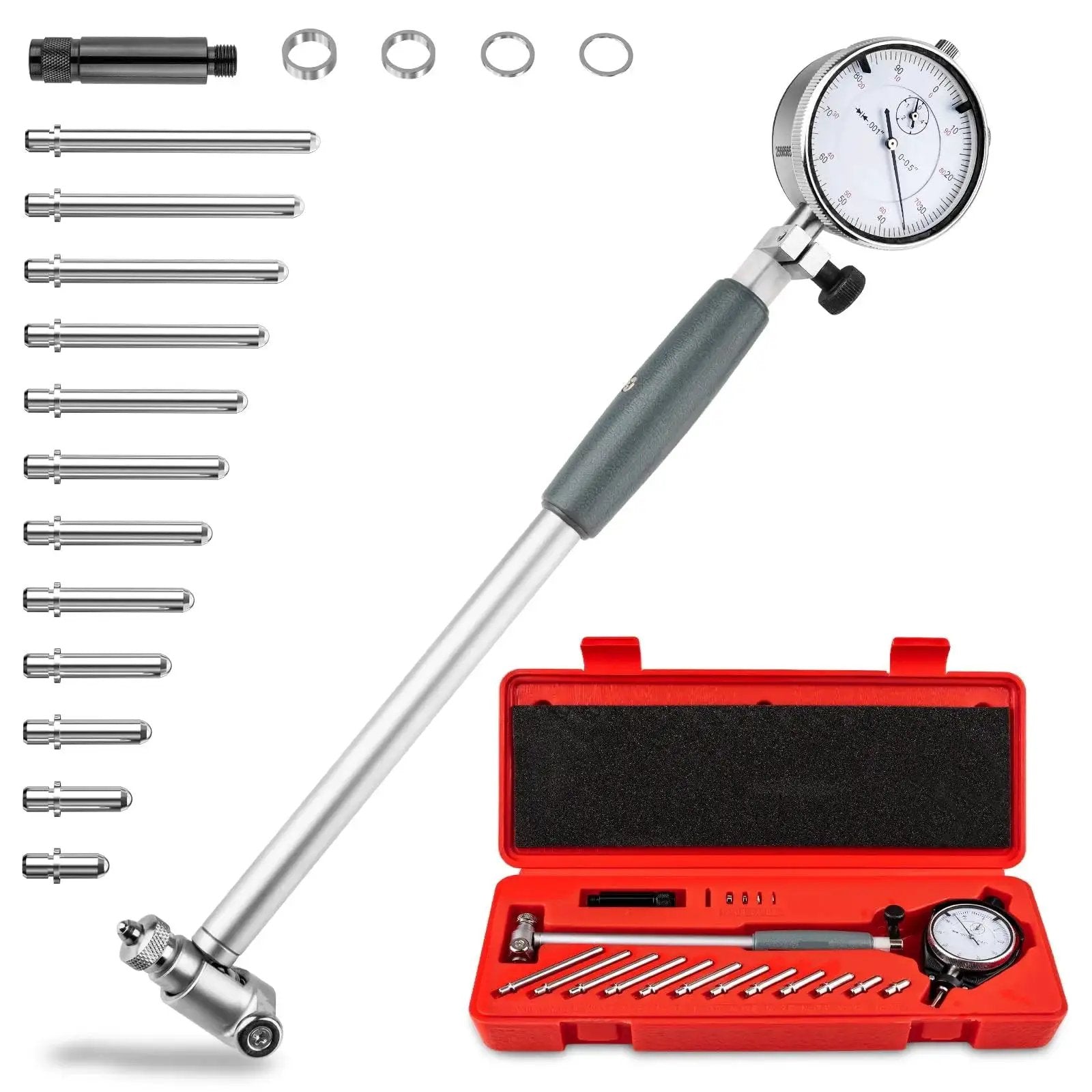 Pro Grade Bore Gauge Set 2 To 6 Inch Range With 0.001 Inch Accuracy For Engine Cylinders, includes rods and red case