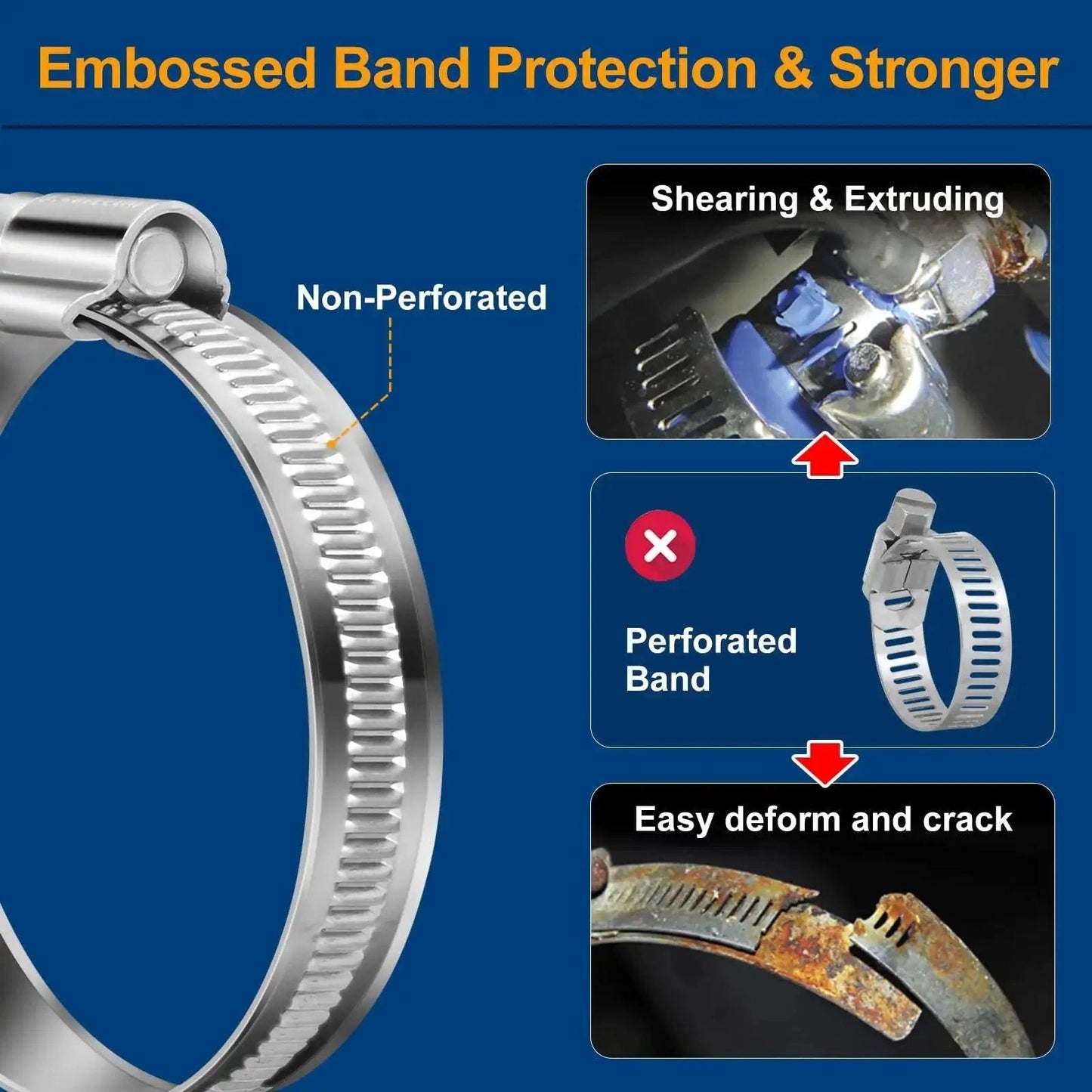Image showing Heavy Duty Hose Clamp Size Six One Half To Three Quarters Inch Adjustable Worm Gear Drive Clamp Made From Stainless Steel 304 highlighting non-perforated design.