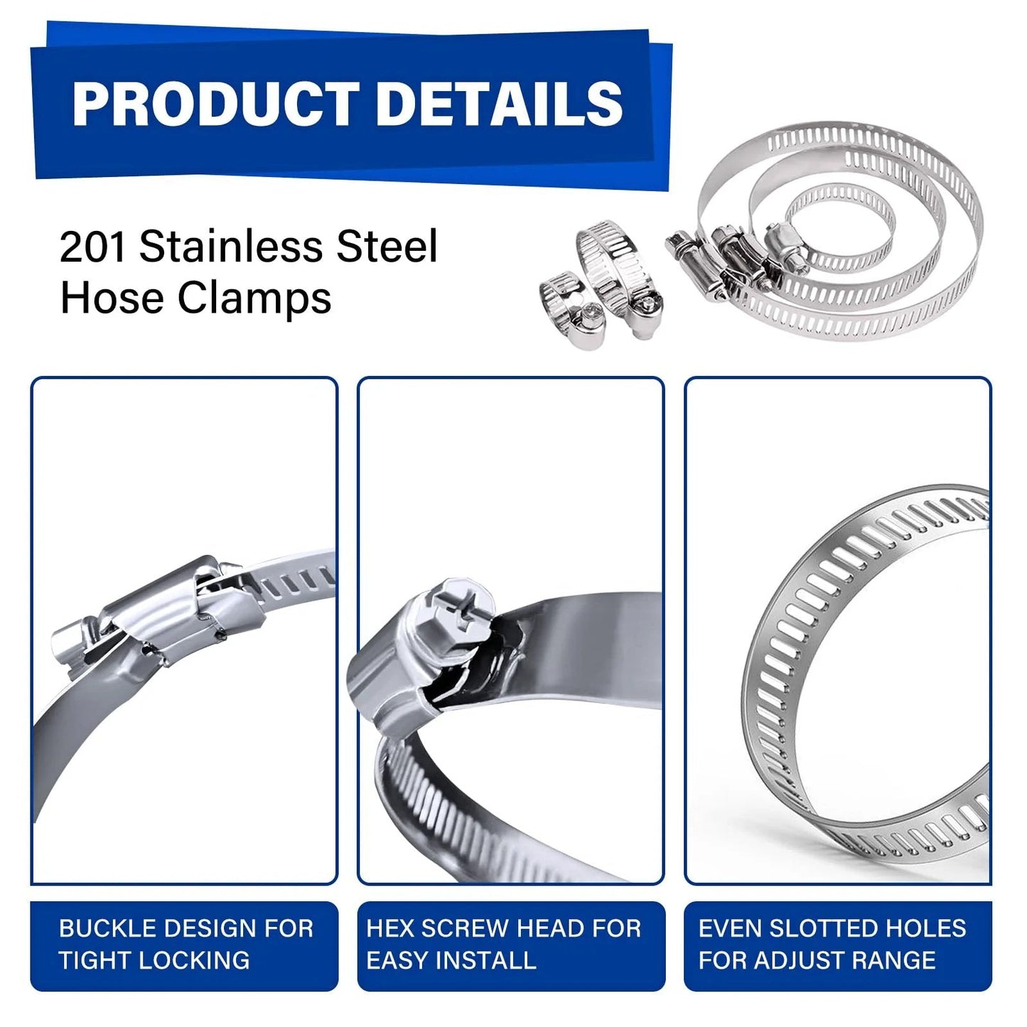 Close-up of Boss Grade Heavy Duty 201 Stainless Steel Hose Clamp Kit, showcasing buckle design, hex screw head, and adjustable slotted holes.