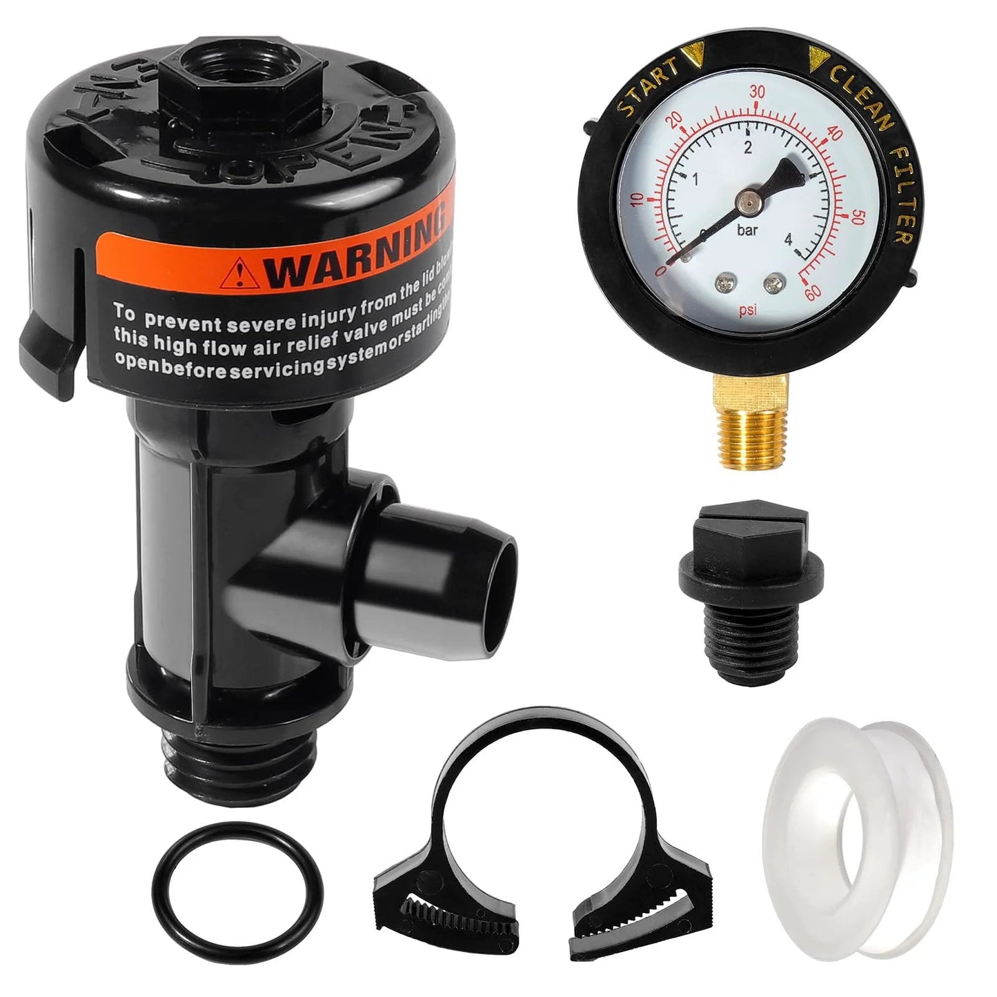 Manual Air Relief Valve Assembly With Pool Filter Pressure Gauge Kit For Pool And Spa Filters Compatible With Pentair Pressure Relief Valve Fit For FNS Clean And Clear Quad DE SMBW 2000 4000 Series, showing components including the valve, pressure gauge, plug, clip, and O-ring.