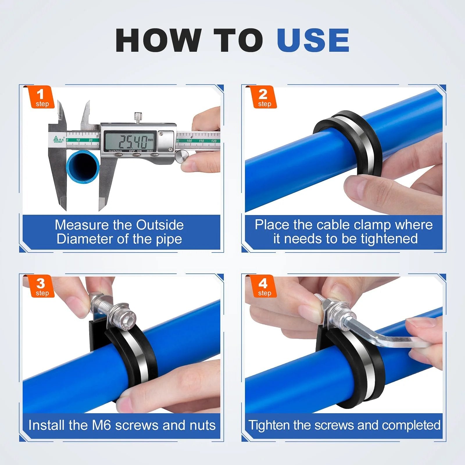 Installation guide showing steps to install Heavy Duty Stainless Steel Cable Clamps One Half Inch Pack Of 20 With Rubber Coated Cushioned Insulated Clips For Conduit Hose Tube Pipe Wire Or Line Installation Durable Corrosion Resistant No Fuss To Install