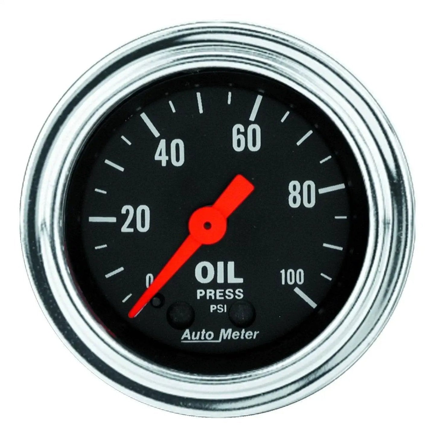 Traditional Chrome Mechanical Oil Pressure Gauge With Perimeter Dial Lighting And Mechanical Operation No Electrical System Required Two And One Sixteenth Inch Dial 52.4mm For Street And Race Applications Easy Install And Reliable Performance Auto Meter close-up view.