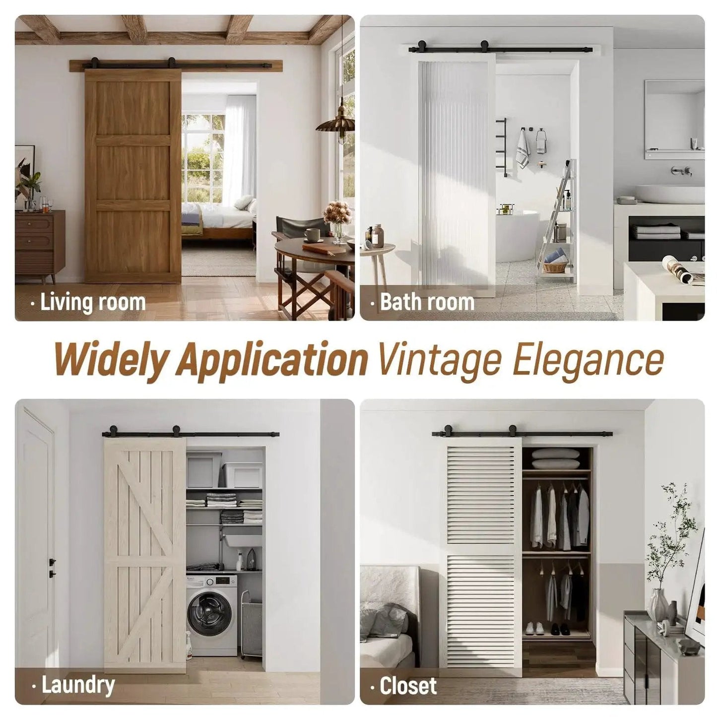 Five Foot Sliding Barn Door Hardware Kit Heavy Duty With Quiet Smooth Operation And Easy Install Fits Thirty Inch Wide Single Door Panel T Shaped Black in various room settings including living room, bathroom, laundry, and closet.