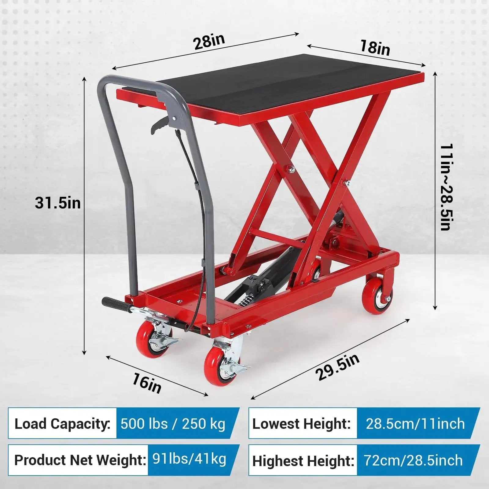Red 500 lb hydraulic lift table cart with 28.5 inch lift, non-slip pad, rust-resistant steel, shown with height measurements.